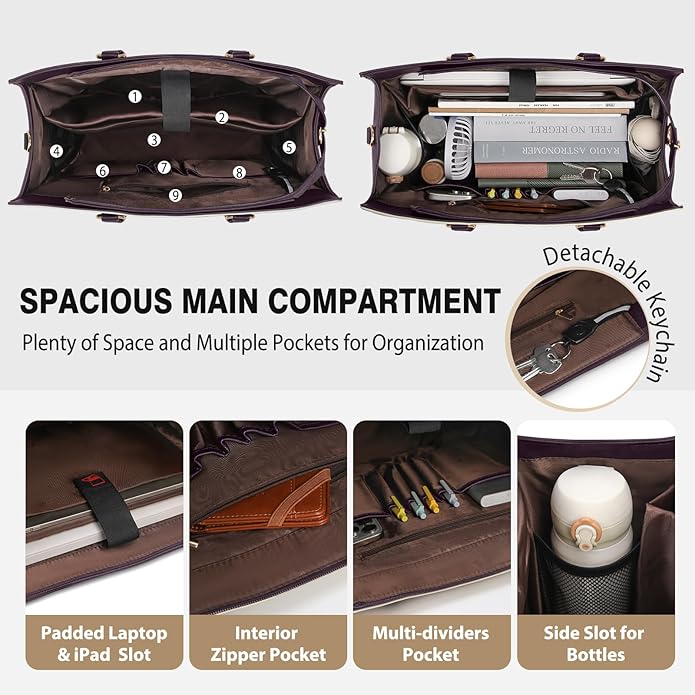 RAINSMORE Laptop Bag for Women 15.6 Inch Work Tote Bag with Detachable Strap & Bow Professional Laptop Tote with Cup Holder