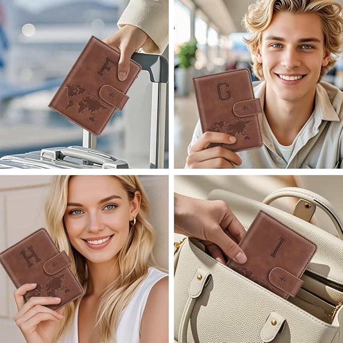 Passport Holder Wallet Cover Personalized Letter A-Z Travel Wallet RFID Blocking Passport Cover Wallet Case for Travel Passport Book Holders for Women and Men, Brown-I