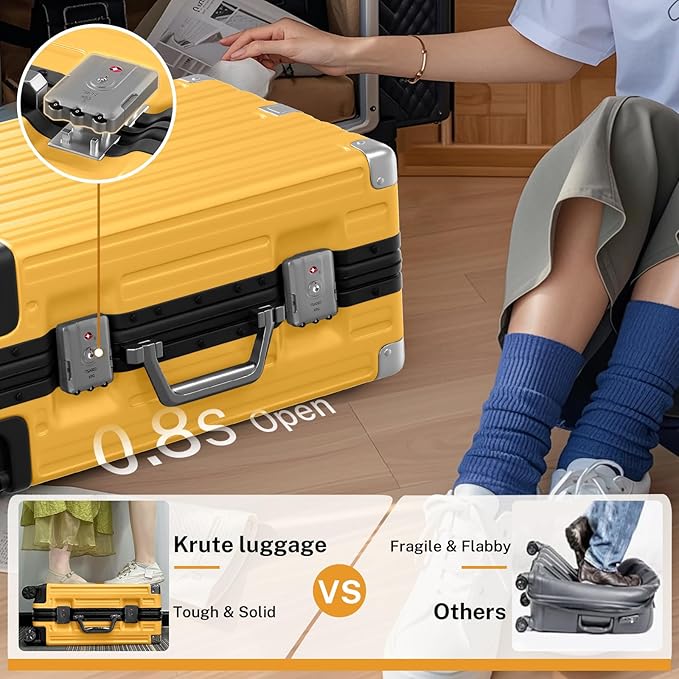 Krute Carry On Luggage 20 inch Aluminum Frame Luggage with Spinner Wheels Hardshell No Zipper PC+ABS TSA Lock Zipperless Suitcases Yellow