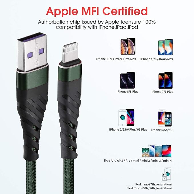 CyvenSmart (2 Pack) Long iPhone Charger 10ft for [MFi Certified], 10 Foot Lightning Cable Fast Charging Cord 10 Feet for iPhone 12/12 Pro/11/11 Pro/11 Pro Max/XS/XS Max/XR/X/8/8 Plus/7/7 Plus/6 Olive