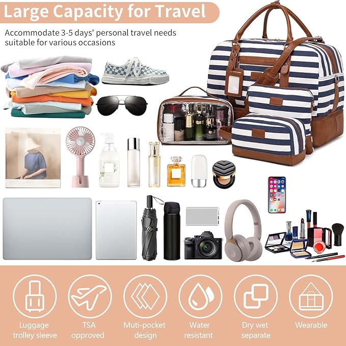 Wogarl 4PCS Weekender Bags for Women Large Overnight Weekend Travel Duffel Carry on Shoulder with Shoe Compartment Canvas Toiletry Bag for Travel Business Gym