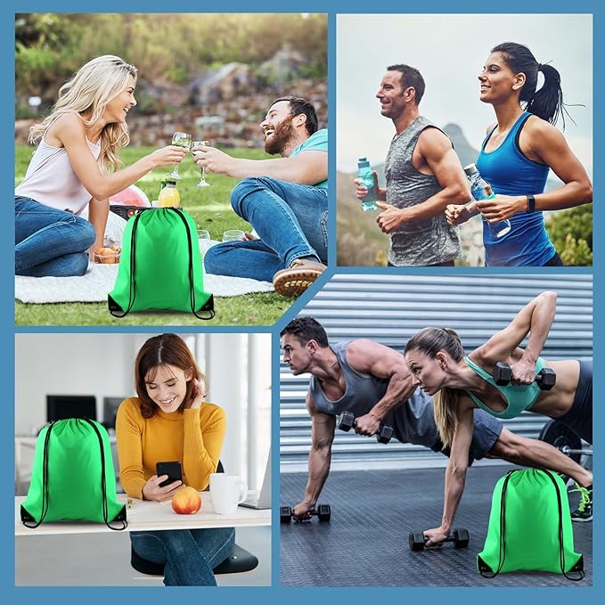 PLULON 15 Pcs Green Drawstring Bags Drawstring Backpack Bulk, String Backpack Cinch Sack Sport Gym Bags for Yoga Traveling Outdoor Sports