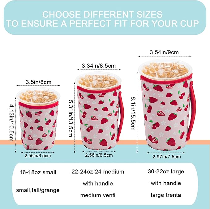 KJQJLY 3 Pack Reusable Iced Coffee Sleeves for Iced Coffee Cups or Drinks Reusable Neoprene Insulated Sleeves for Hot and Cold Drinks from Starbucks, Dunkin, And More (Strawberry)