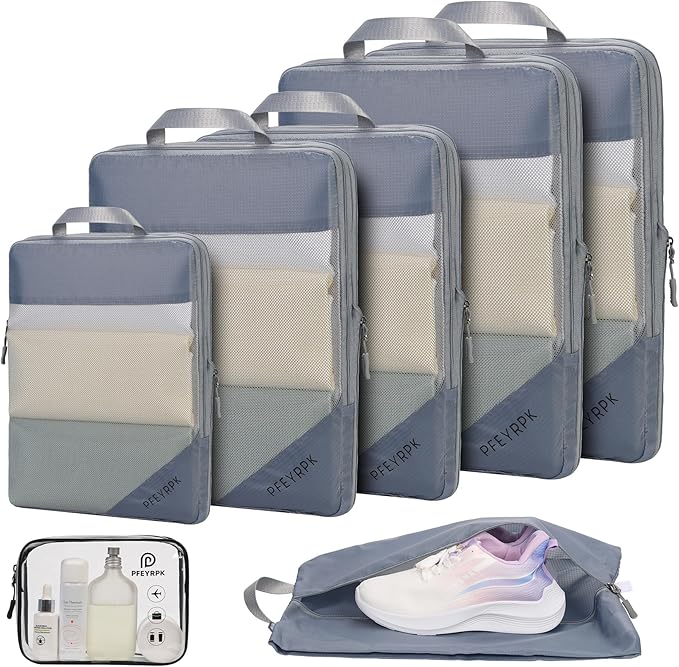 PFEYRPK Lightweight Compression Packing Cubes for Suitcases, Compressible Expandable Travel Packing Organizer with Clear Toiletries and Backpack Bag, Travel Essentials for Carry on Luggage 7 Set