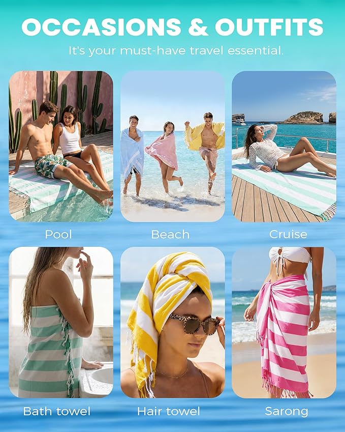 Antfuny 4 Packs Oversized Turkish Beach Towels Thin Quick Dry Sand Free Pool Swim Bathing Towel Extra Large Blanket Adult Travel Essentials Accessories Must Haves Summer Vacation Dark Striped