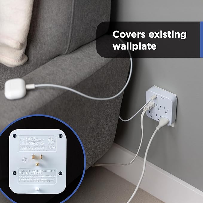 GE 6-Outlet Grounded Tap, Grounded Adapter, Outlet Splitter, Charging Station, 3-Prong, Plug Adapter, Cruise Essentials, ETL Listed, 2 USB-C, 12W, Wall Tap, White - 85851