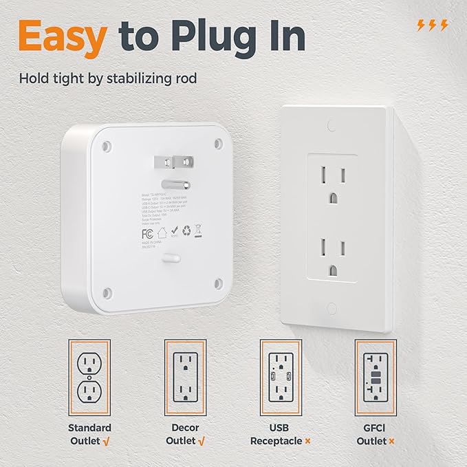 TESSAN Multi Plug Outlet Extender, Surge Protector Splitter with 3 USB (1 USB C Port) Wall Charger, Multiple Expander for Travel, Home, College Dorm Room, White