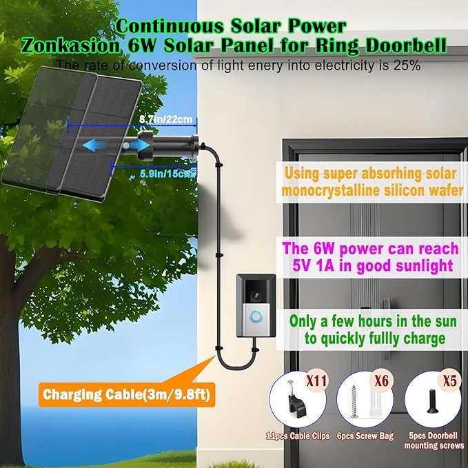 6W Ring Solar Charger for Video Doorbell 3/4, Adjustable Solar Panel Mount for Ring Doorbell Plus/Pro(2023), Weatherproof Continuous Power Supply for Home Security Doorbells