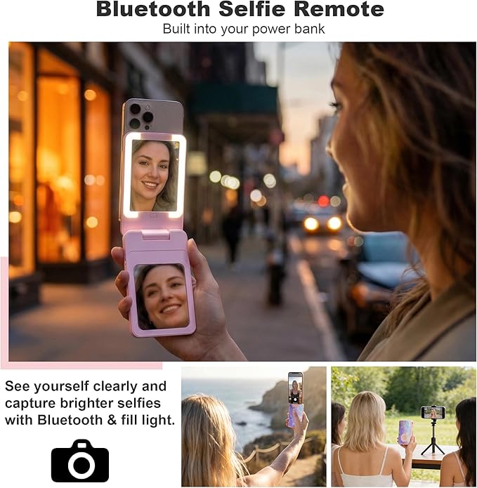 5-in-1 Magnetic Power Bank, 5000mAh Portable Wireless Charger with Mirror, Stand, Bluetooth Remote & Card Holder, MagSafe Compatible Travel Essential for iPhone & Samsung, USB-C Cable Included