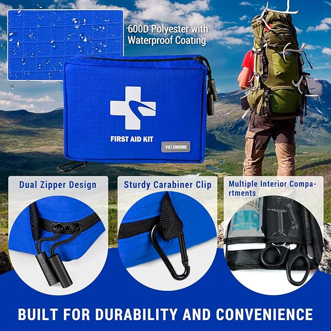 300 Piece First Aid Kit, Compact Waterproof First Aid Bag with 9 Organized Compartments, Portable Emergency Supplies Kit for Outdoor, Camping, Hiking, Car, Home, Travel, Office