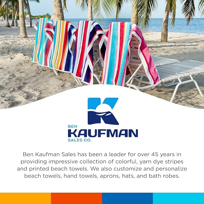 Kaufman - Joey Velour Colored Classic Multi-Color Stripe Beach & Pool Towel - Large 100% Combed Cotton Beach Towel - Soft & Absorbent Colorful Towels - 32" x 62" - 480 Pack
