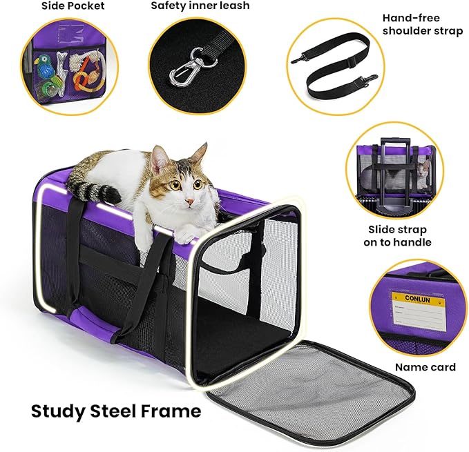 Conlun Cat Carrier Bag,Soft-Sided Pet Carriers for Dogs with 4-Sided Mesh,Airline Approved Cat Transport Carrier for Small&Medium Cats Kitten Puppy Up to 15LB,Collapsible Cat Travel Carrier-M,Purple