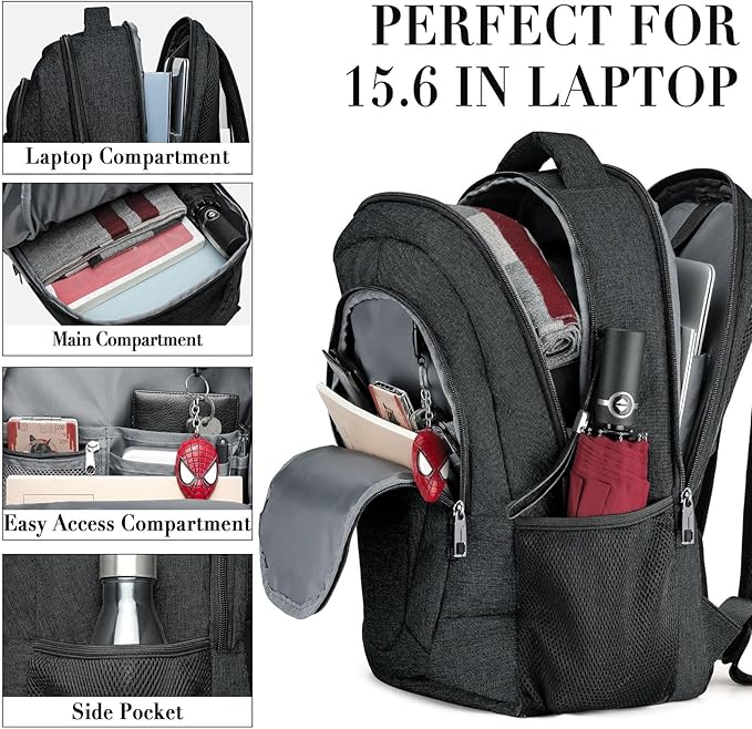 BIKROD Travel Laptop Backpack for Men and Women, Backpacks for School Teen Boys, Business Anti Theft Slim Sturdy Back Pack Adult Computer Bag Gift 15.6 IN Laptop, Black