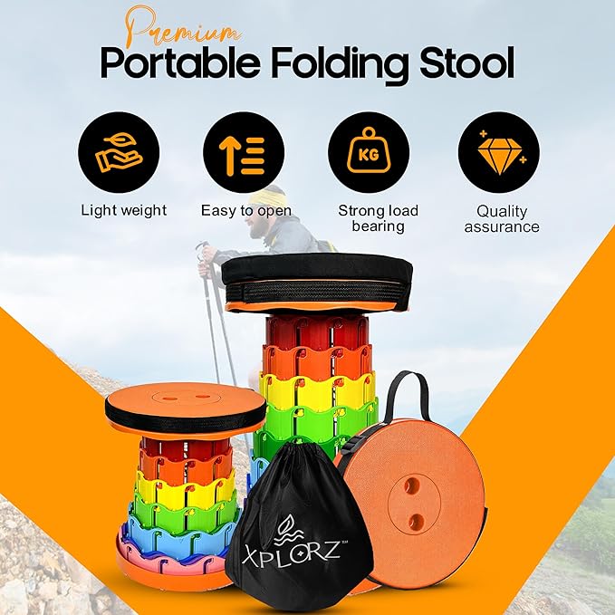 Upgraded Portable Folding Stool with Seat Cushion and Nylon Bag Adjustable Stool with 350lbs Load Capacity Collapsible Camping Stool for Adults Outdoor Travel, Fishing. (1, Orange Rainbow)