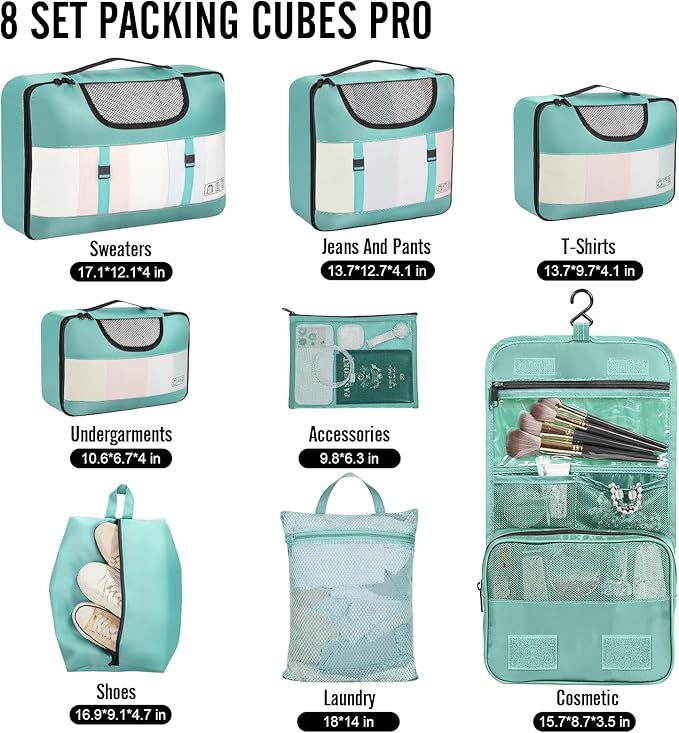 8 Set Packing Cubes for Travel Essentials, Suitcase Organizer Bags in 4 Sizes, Carry-On Luggage Accessories with Laundry Bag, Airplane Must Have, Gifts for Women Men
