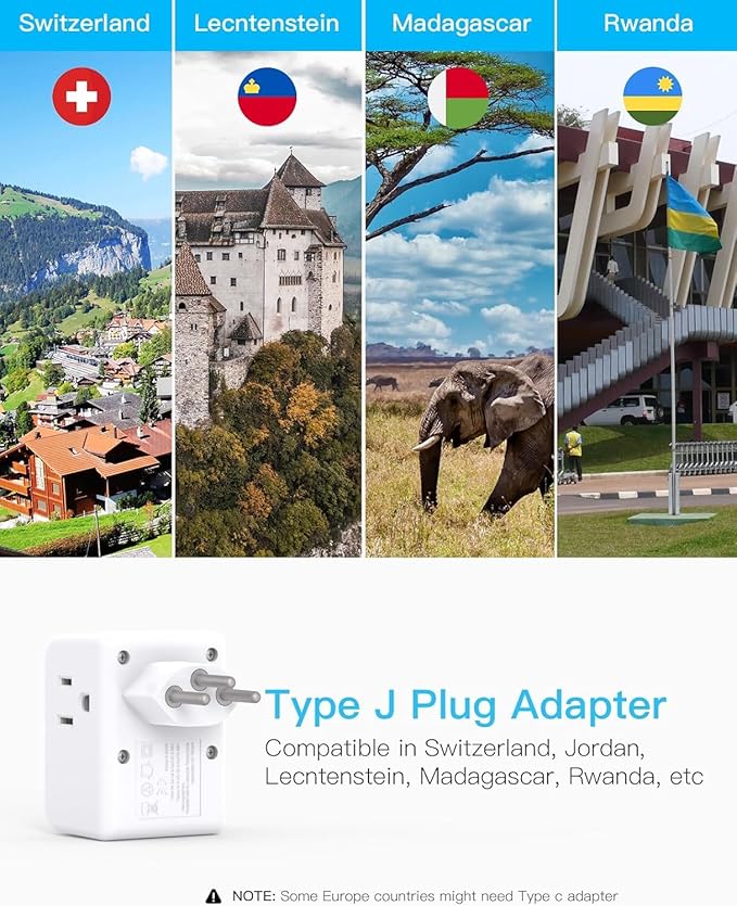 Switzerland Power Travel Plug Adapter, Type J Power Adapter with 2 Outlets 3 USB Ports(2 USB C) for US to Swiss Switzerland Liechtenstein Rwanda