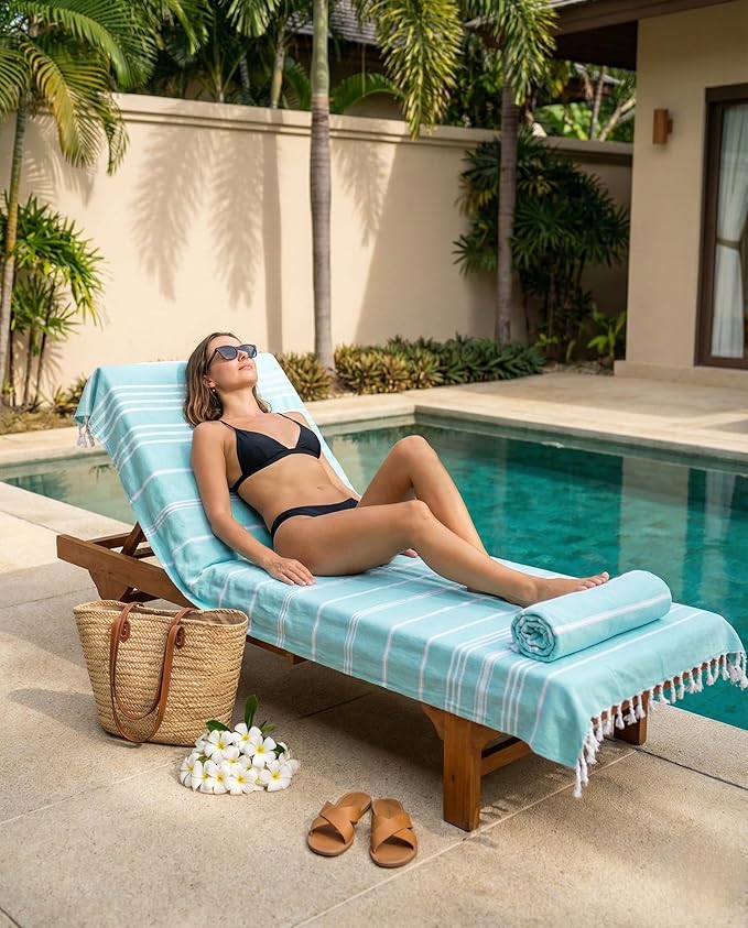 Cotton Turkish Beach Towel with Towels Oversized 36"x72" Pool Absorbent Extra Large Quick Dry Sand Travel Towel (Aqua Satin, 2 Pack)
