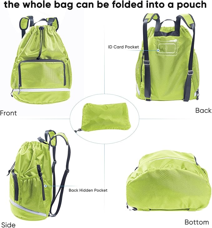 Swim Beach Sports Drawstring Backpack - Gym Bag with Shoes Compartment and Waterproof Pocket for Gym Accessories, Swim Essentials - Kids Mens Beach Workout Bag