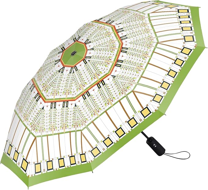 RainCaper Frank Lloyd Wright Windproof Auto Open Close 43” Coverage Folding Travel Umbrella with Matching Sleeve