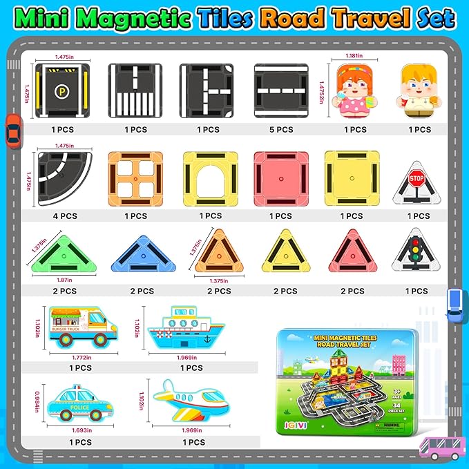 Mini Magnetic Tiles Road Travel Essentials Set — Portable STEM Sensory Magnetic Building Blocks for Toddlers & Preschool Toys, Compact Travel Toys for 3+ Boys & Girls, Easter Birthday Gift