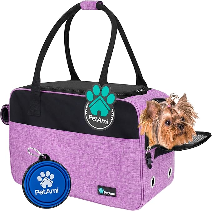 PetAmi Dog Purse Carrier for Small Dogs Cats, TSA Airline Approved Soft-Sided Pet Carrier with Pockets, Ventilated Travel Tote Bag with Bed & Shoulder Strap, Puppy Kitten, Max 12 lbs, Purple