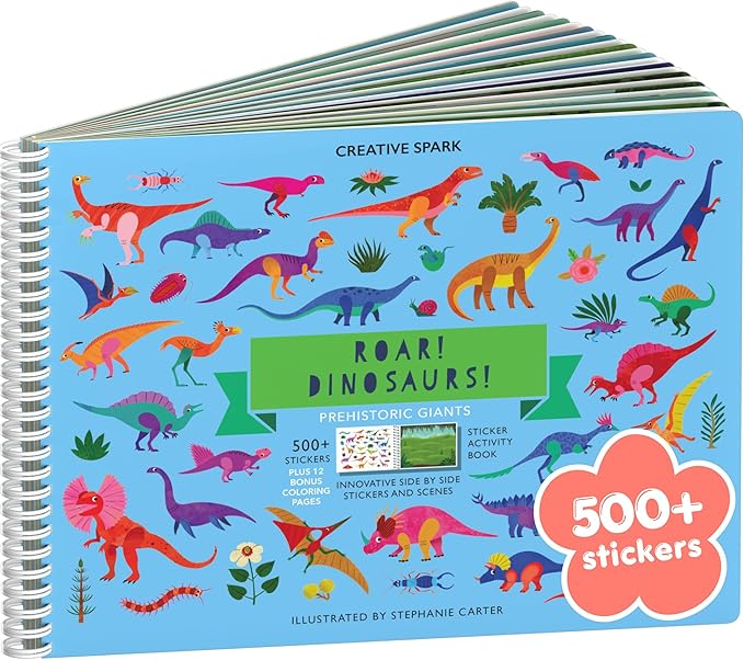 Cupkin Dinosaur Sticker Book Activity for Kids, Toddler Airplane Travel Essentials, 500+ Dino Stickers for Kids + 12 Scenes + 12 Coloring Book Pages, Dinosaur Lover Gift, Crafts for Ages 2–8 Years