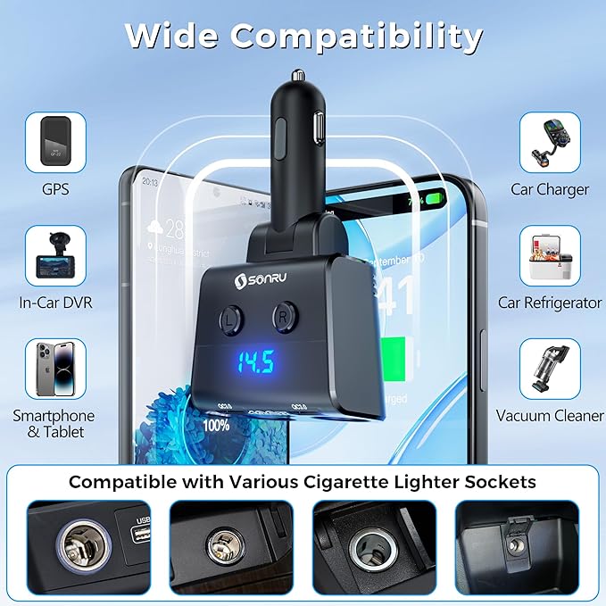 SONRU 180W Cigarette Lighter Splitter, 30W PD & Dual QC3.0 Car Charger Adapter,24V/12V Car USB Adapter 2-Socket with Voltmeter Fast Charging for iPhone 17/16/15 Car Devices