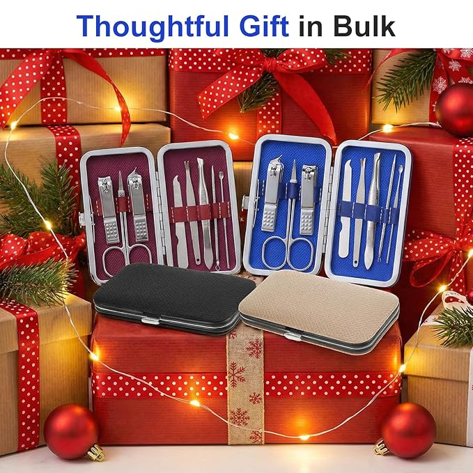 16 Pack Manicure Set Bulk – Professional 8-in-1 Stainless Steel Nail Clippers Kit with Travel Case, Grooming Pedicure Tools for Men & Women – Ideal Personal Care Gift (Black, Dark Red, Blue, Brown)