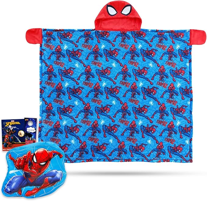 Spider-Man Spiderman Travel Blanket and Pillow for Kids, Boys - Bundle Blanket with Hood, Cloud Pillow, Tattoos, More | Spiderman Travel Accessories Set