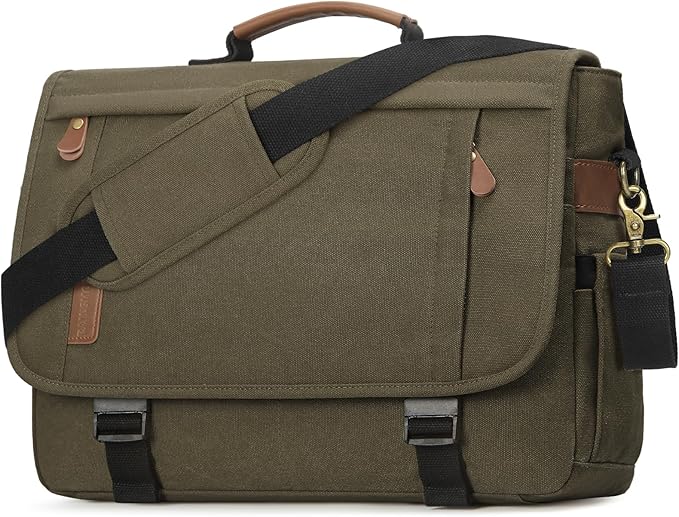 RAINSMORE Messenger Bag for Men 17-17.3 Inch Laptop Bag Water-resistant Canvas Computer Shoulder Bag Office Work Briefcase Large Casual Satchel Bags for Men Bookbag for College, OliveDrab