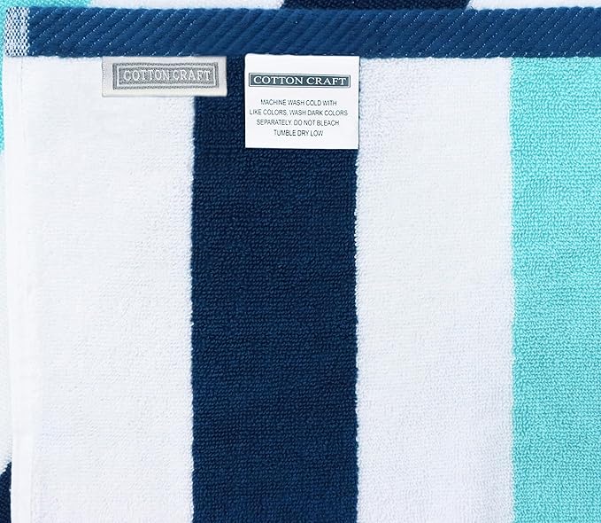 COTTON CRAFT Hooded Beach Towel – Oversized 39 x 68 Towel with Hood for Adults - 100% Ringspun Cotton Velour Terry Towel - 450 GSM - Super Soft Plush Absorbent Quick Dry Bath Wrap – Cabana Stripe Blue