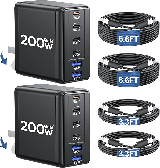 2 Pack 200W USB C Charger with 4 USB Cables, 6-Port Wall Charger, Laptop Fast Charger Type C Charging Block for MacBook Pro, Dell XPS, iPhone 17, iPad, Tablet, Chromebook Black