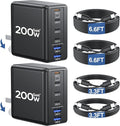 2 Pack 200W USB C Charger with 4 USB Cables, 6-Port Wall Charger, Laptop Fast Charger Type C Charging Block for MacBook Pro, Dell XPS, iPhone 17, iPad, Tablet, Chromebook Black