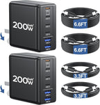 2 Pack 200W USB C Charger with 4 USB Cables, 6-Port Wall Charger, Laptop Fast Charger Type C Charging Block for MacBook Pro, Dell XPS, iPhone 17, iPad, Tablet, Chromebook Black