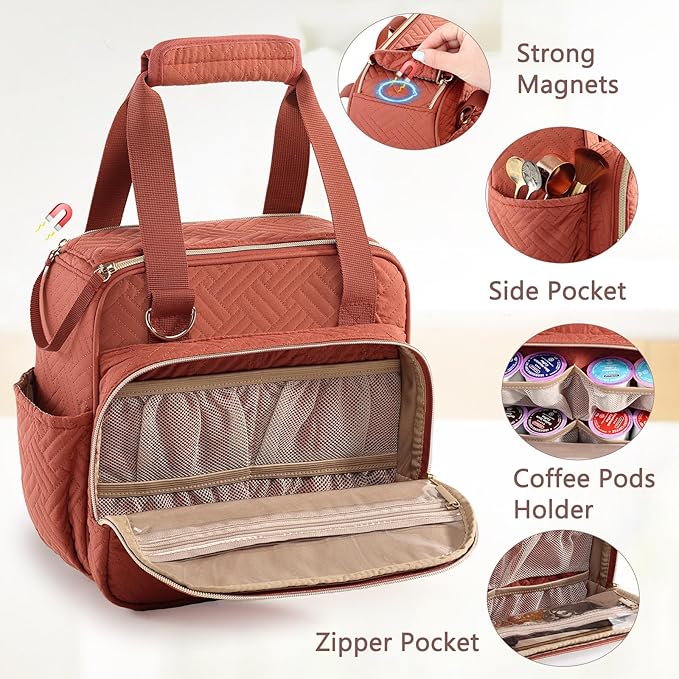 BAGSPRITE Coffee Maker Travel Bag Compatible with Keurig K-Mini Mate, Full Open Carrying Case with Quilted Padded Soft Microfiber, K--Cup Single Serve Coffee Maker Bag with Pod Organizer, Mug Pockets