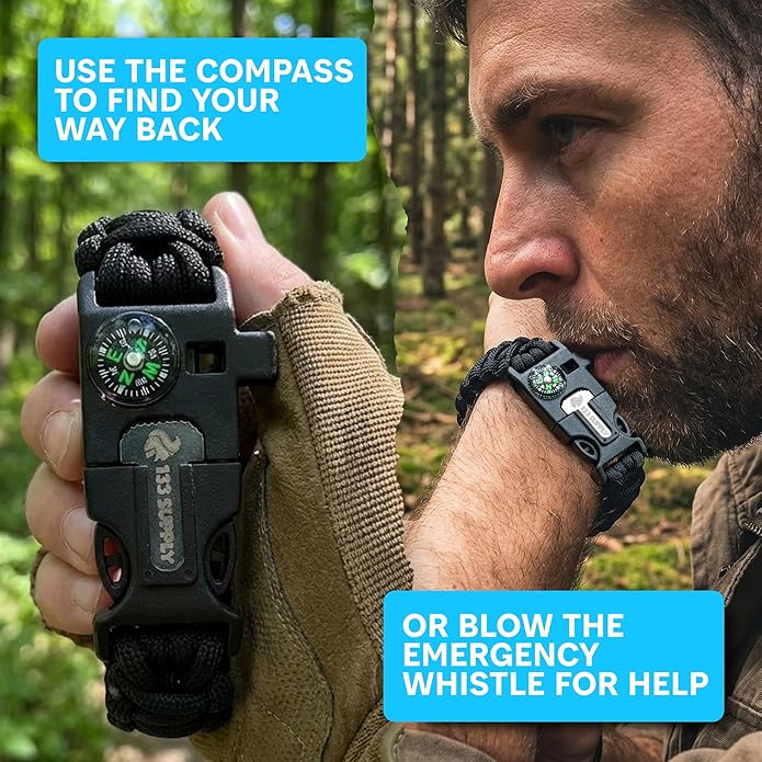 Paracord Bracelet Compass Hiking Survival Kit Emergency Whistle Fire Starter Camping Gear Hiking Essentials Fishing Hunting Accessories EDC Backpacking Gear Tactical Survival Gear Equipment