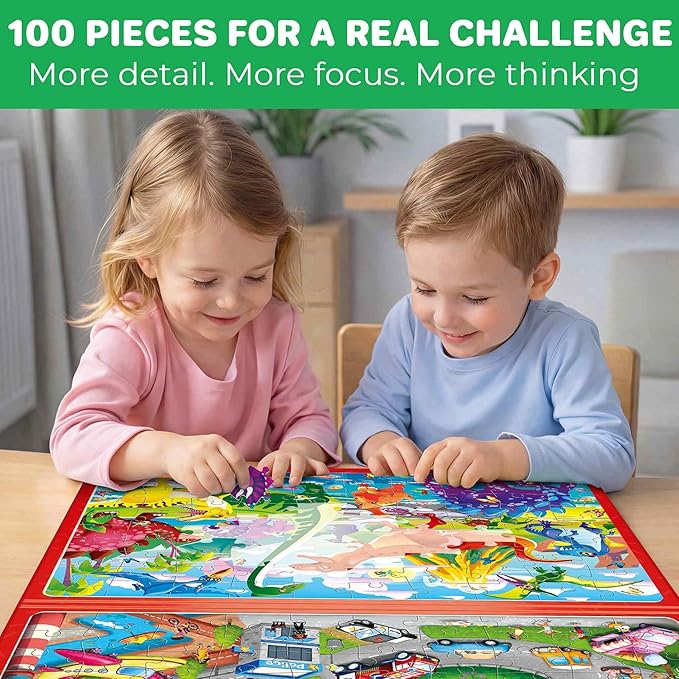 QUOKKA Magnetic Puzzles for Kids Ages 4-6 – 100 PCS Magnetic Puzzle Book for Toddlers 3-5 – 2 Puzzles & 2 Spot The Difference Maps – Search & Find Travel Games – Activity Book Dinos & City Cars