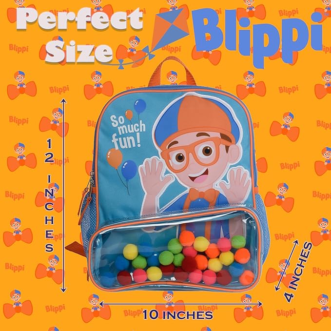 Blippi Backpack with Sound for Boys and Girls, Clear Front Pocket and Mesh Side Pockets, Toddler’s Schoolbag with Padded Back and Adjustable Straps, Versatile Day Pack for Kids, Blue and Orange