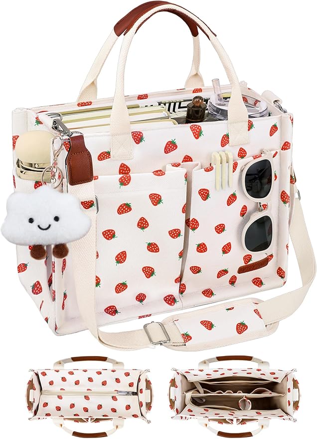 BESBESME Canvas Tote Bag for Women with Zipper & Compartments– Large Work & College Laptop Tote Crossbody Shoulder Bag