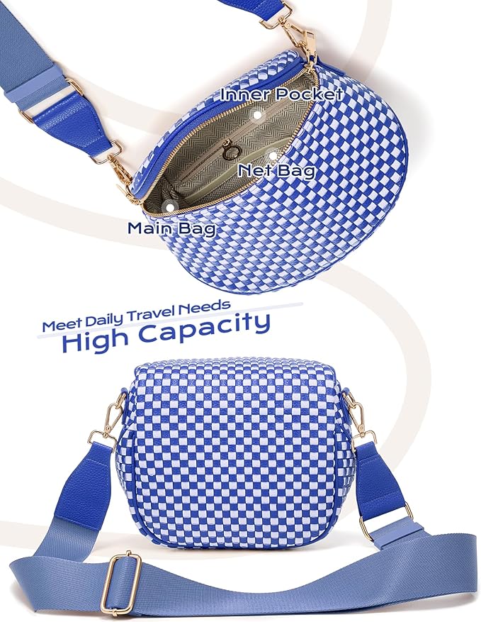 Trendy Woven Checkered Crossbody Bum Bag for Women，PU Leather Checkered Purse Fanny Packs Belt Bag (Woven Bum Bag - Rainbow Blue White)
