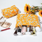 SOIDRAM 2 Pieces Flower Makeup Bag Large Cosmetic Bag Capacity Canvas Mix Travel Toiletry Bag Organizer Cute Makeup Brushes Aesthetic Accessories Storage Bag for Women,Little Flower Mix Yellow