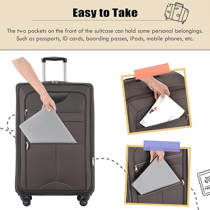Lightweight Expandable Softside Luggage Sets 3 Piece, Large Capacity Travel Suitcase with Spinner Wheel, TSA Lock, Easy Access Design and Adjustable Telescoping Handle (Brown)