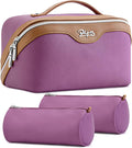 BOYATU Travel Makeup Bag Organizer Cosmetic Bag: 3 Pcs Set Make up Bags for Women with Handle - Waterproof Vegan Leather Toiletry Bags Travel Essentials Pouch with Compartments (A-05-Purple)