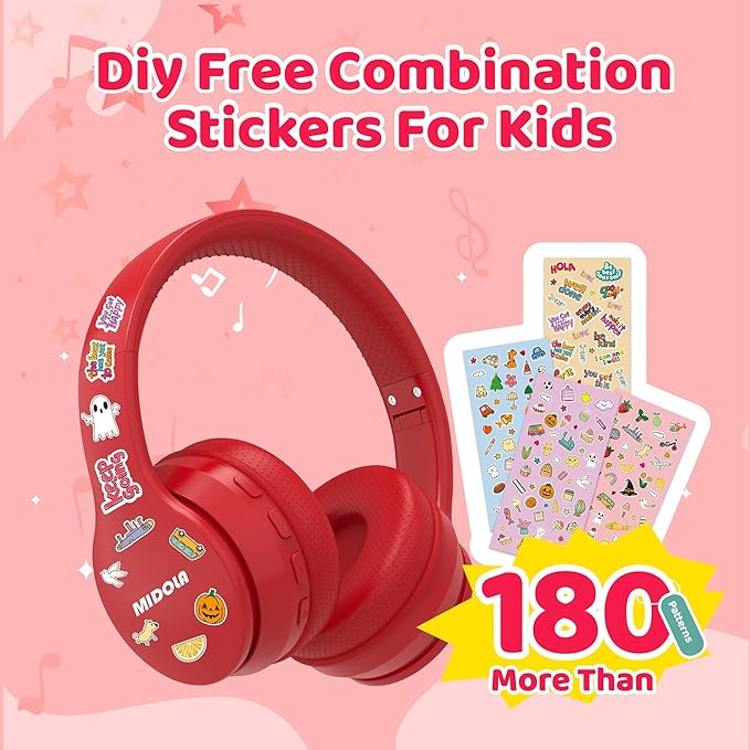 MIDOLA Kids Headphones Bluetooth 5.3 Wireless 60H Play Time Volume Limit 85/110dB Over Ear Foldable Protection Headset/Wired AUX Cord Mic for Children Boy Girl Travel School Phone Pad Tablet Red