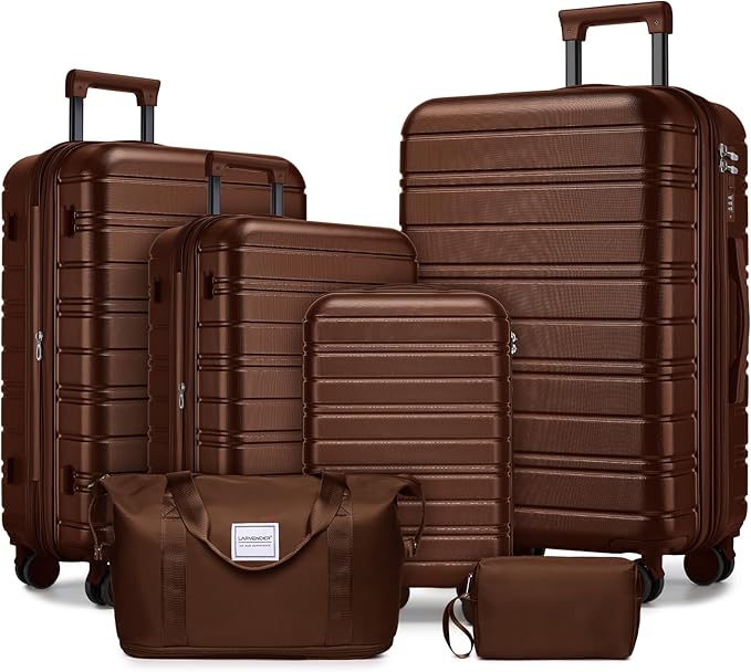 6 Piece Luggage Sets with Bags, Lightweight Expandable Checked Luggage Sets, Hardshell ABS Spinner Wheels Carry on Suitcase with TSA Lock, for Travel, Women Men (Mocha, 18/20/24/28inch+2bags)