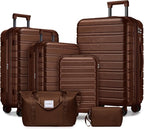 6 Piece Luggage Sets with Bags, Lightweight Expandable Checked Luggage Sets, Hardshell ABS Spinner Wheels Carry on Suitcase with TSA Lock, for Travel, Women Men (Mocha, 18/20/24/28inch+2bags)