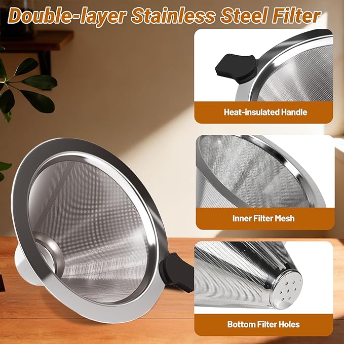 Coffee Pour Over 20.3oz 600ml High Borosilicate Glass Pour Over Coffee Maker Set Camping with Reusable 304 Stainless Steel Filter Hand Brew Carafe Drip Suitable for Electric Ceramic Stove