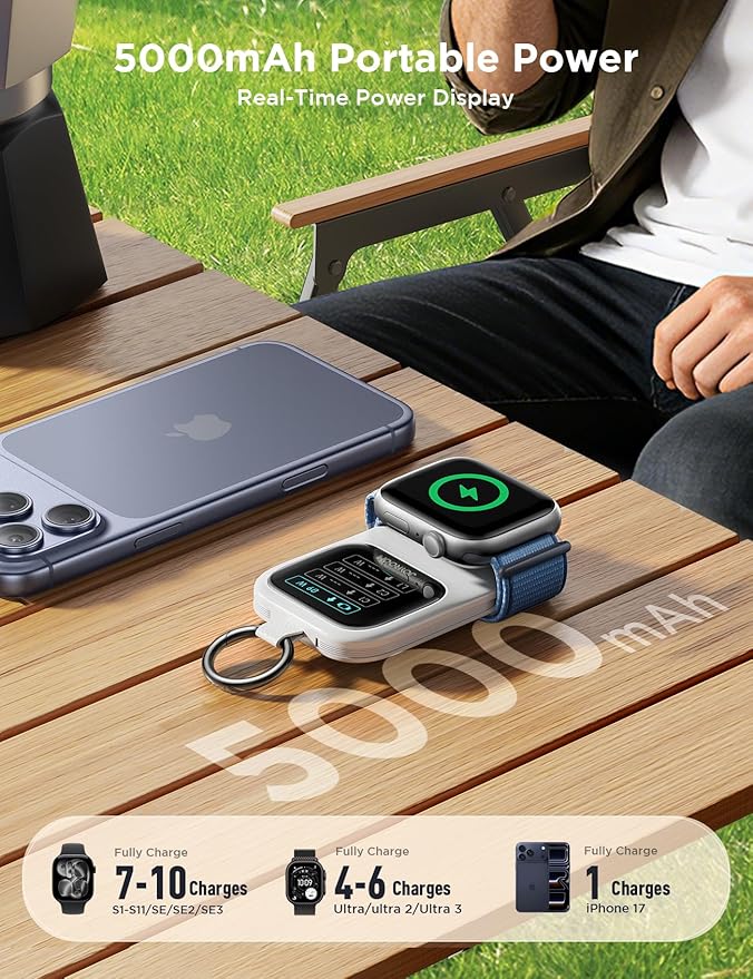 JOYROOM Portable Charger, Power Bank with Built-in Cables & LED Display, 5000mAh 20W PD Fast Charging & Fast Recharge, Travel Keychain Battery Pack for iPhone 17/16/15/14/13/12 & Apple Watch, White