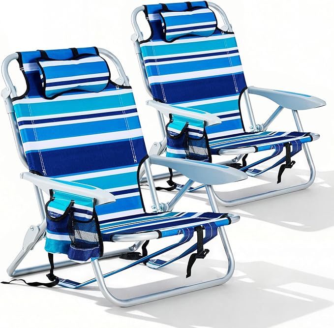 2 Pack Lightweight Portable Camping Beach Chair for Adults, Outdoor Lay Flat Folding Beach Chairs with 5 Positions, Backpack Beach Chair with Towel Bar, Zipper Pouch, Cup Holder, Blue Green