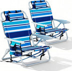 2 Pack Lightweight Portable Camping Beach Chair for Adults, Outdoor Lay Flat Folding Beach Chairs with 5 Positions, Backpack Beach Chair with Towel Bar, Zipper Pouch, Cup Holder, Blue Green